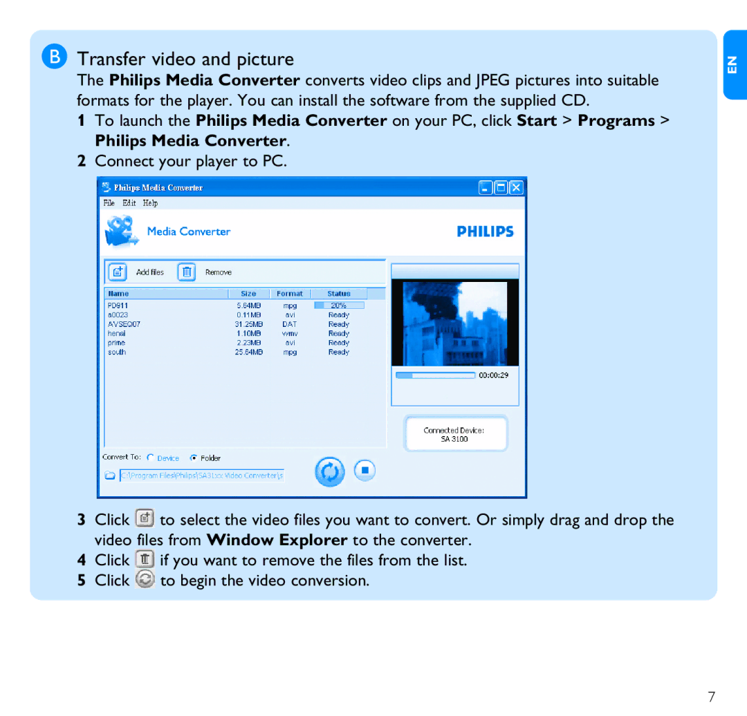 Philips SA3020, SA3021 quick start Transfer video and picture 