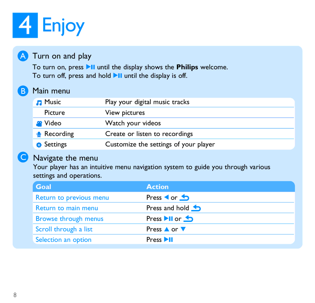 Philips SA3021, SA3020 quick start Enjoy, Turn on and play, Main menu, Navigate the menu 