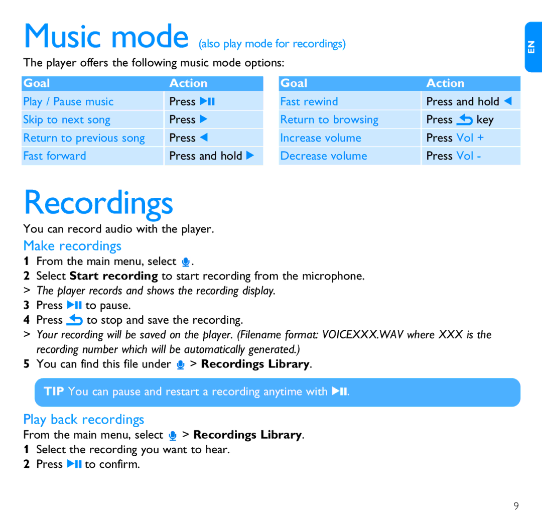 Philips SA3020, SA3021 quick start Recordings, GoalAction 