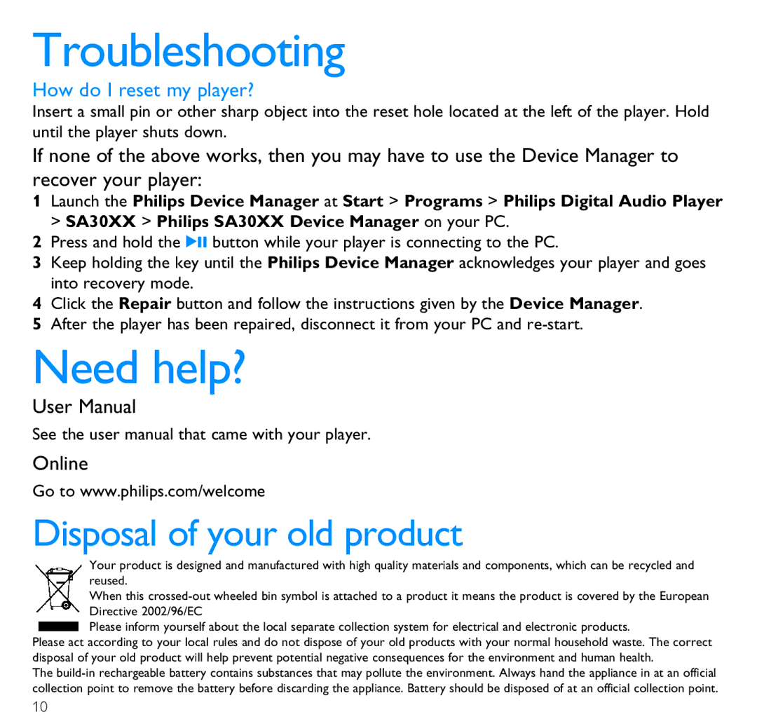 Philips SA3021, SA3020 quick start Troubleshooting, Need help?, Online 