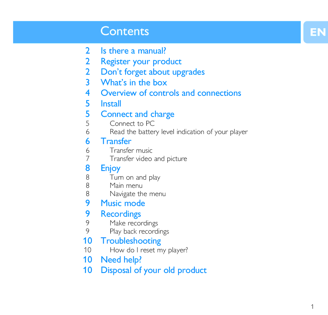 Philips SA3020, SA3021 quick start Contents 