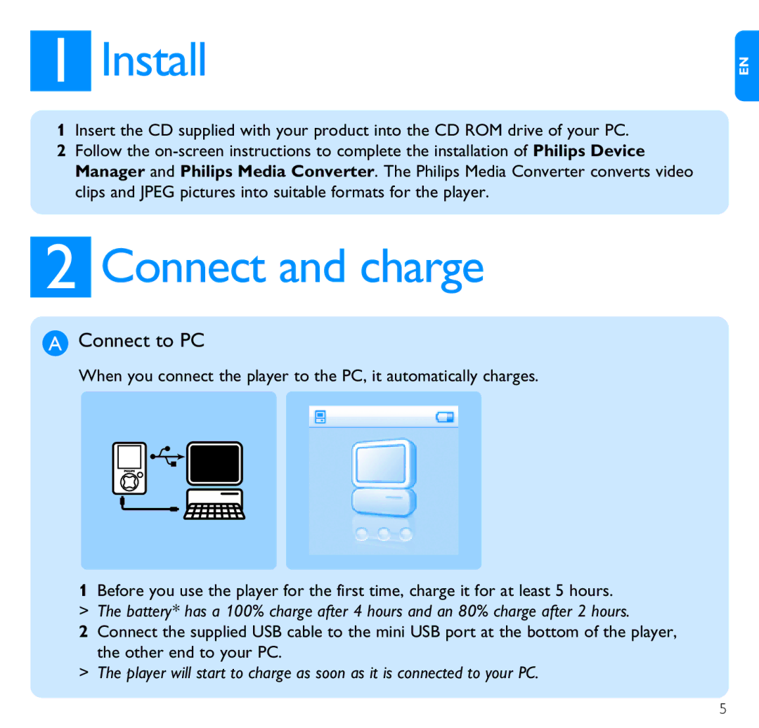 Philips SA3020, SA3021 quick start Install, Connect and charge, Connect to PC 