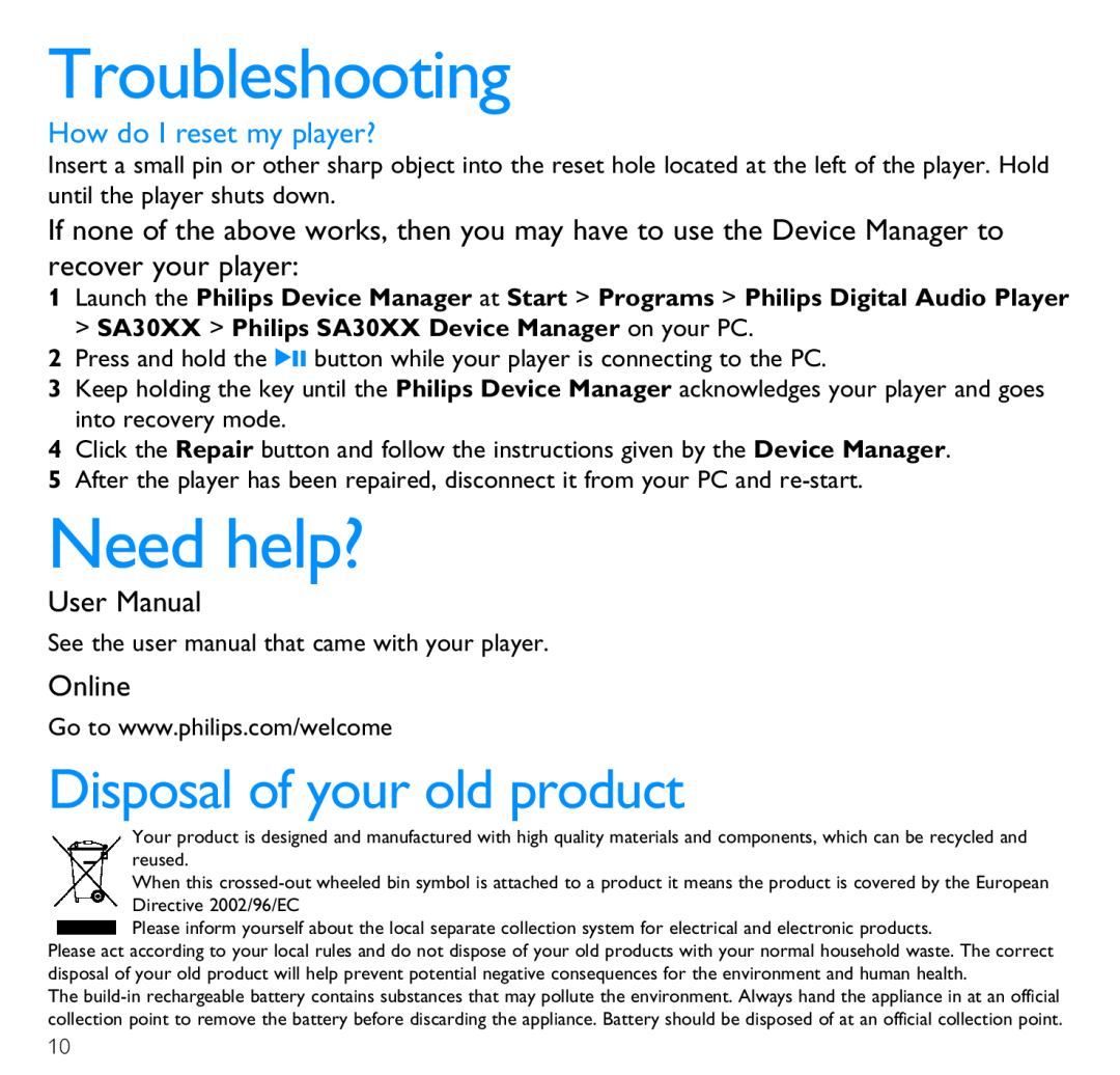 Philips SA3021, SA3020 quick start Troubleshooting, Need help?, User Manual, Online, Disposal of your old product 
