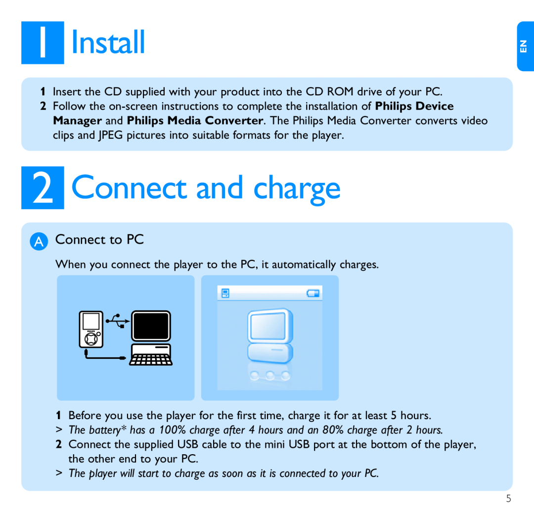 Philips SA3020, SA3021 quick start Install, Connect and charge, A Connect to PC 