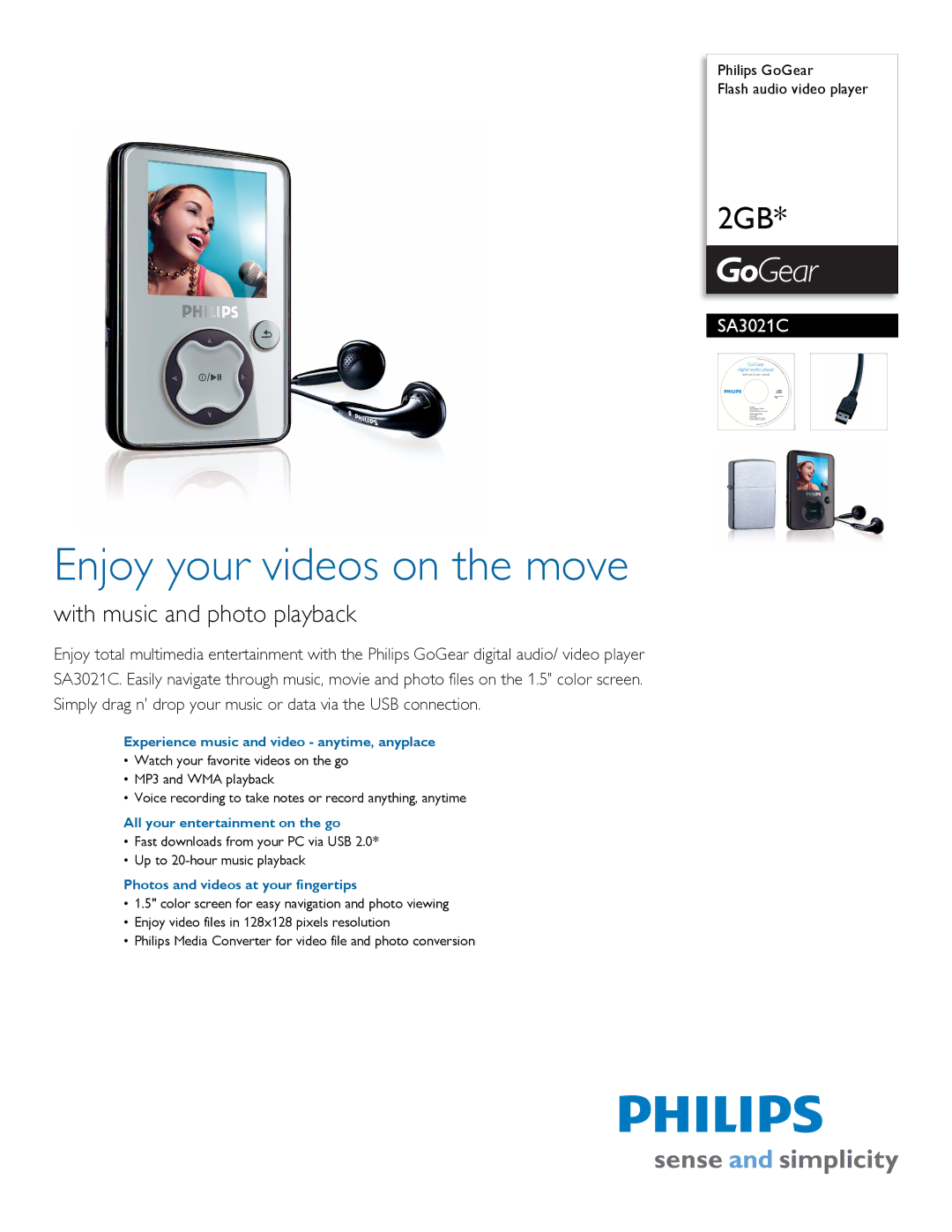 Philips SA3021C/37B manual Experience music and video anytime, anyplace, All your entertainment on the go 