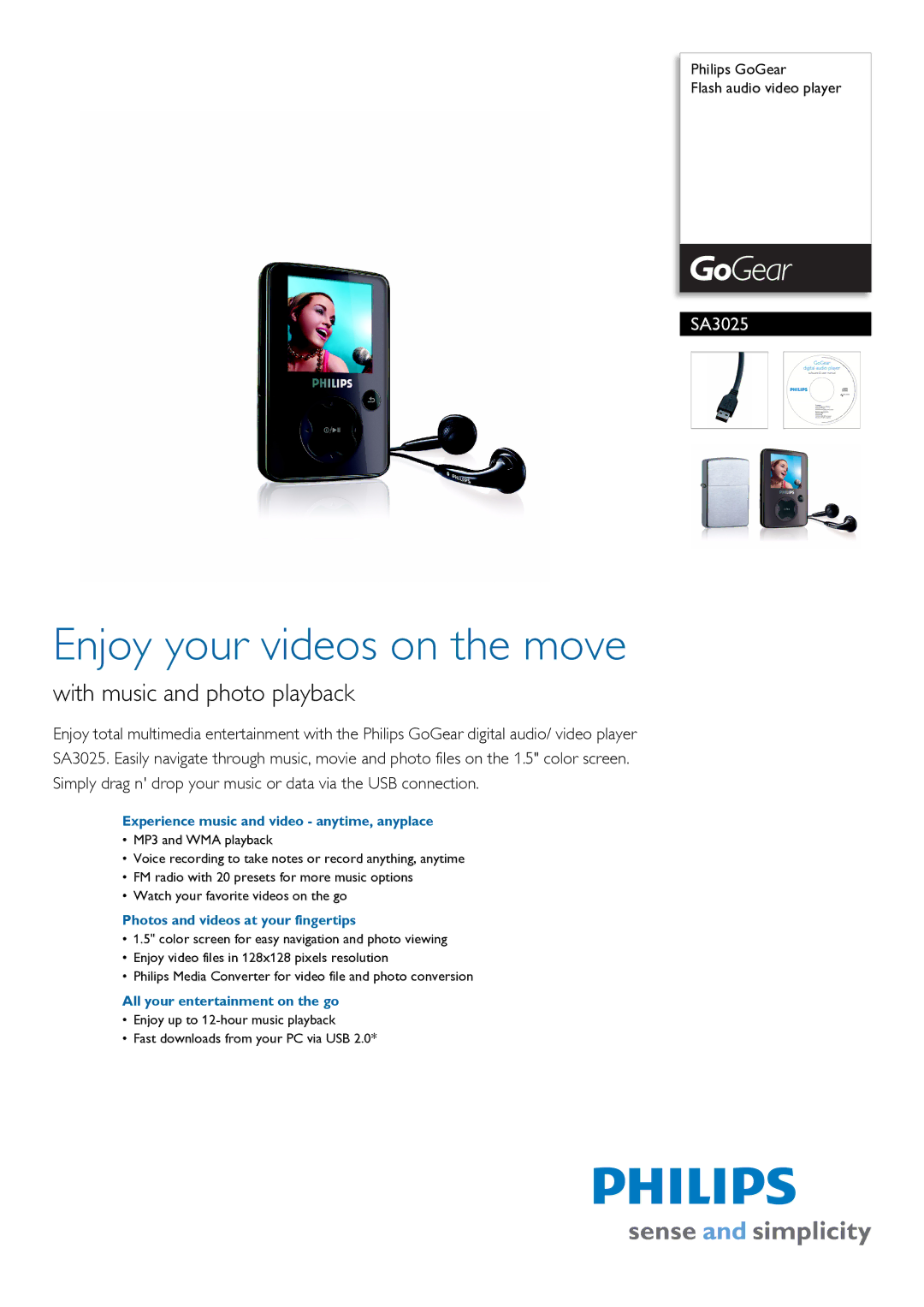 Philips SA3025/97 manual Experience music and video anytime, anyplace, Photos and videos at your fingertips 