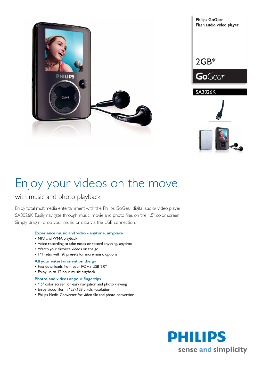 Philips SA3026K/55 manual Experience music and video anytime, anyplace, All your entertainment on the go 