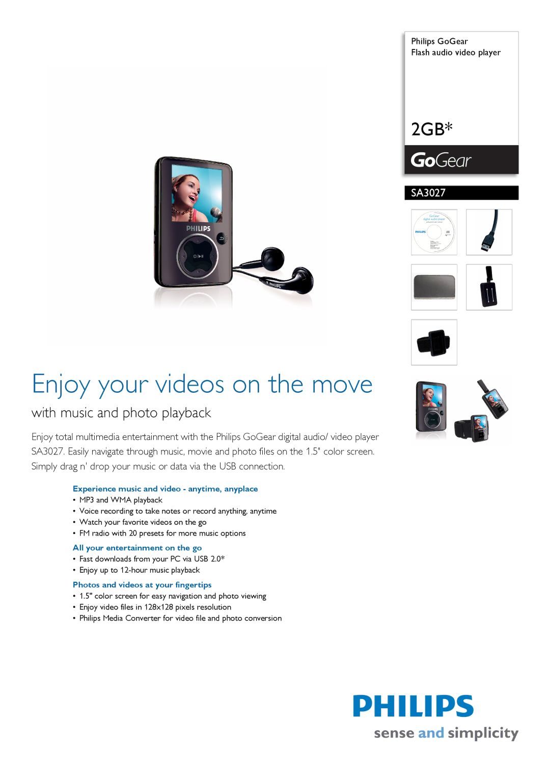 Philips SA3027/55 manual Experience music and video anytime, anyplace, All your entertainment on the go 