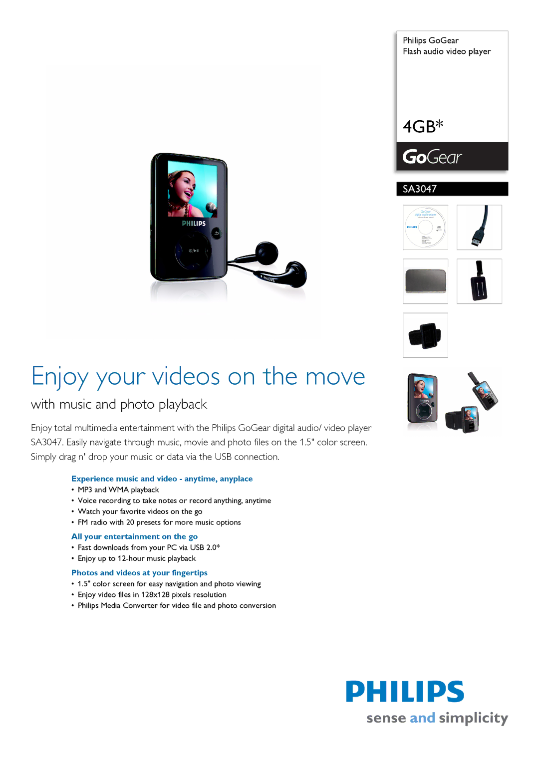 Philips SA3047 manual Experience music and video anytime, anyplace, All your entertainment on the go 