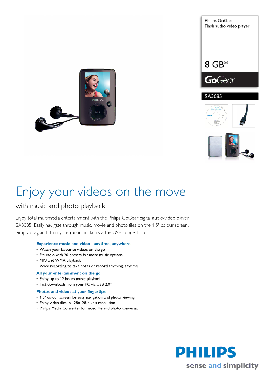 Philips SA3085 manual Experience music and video anytime, anywhere, All your entertainment on the go 