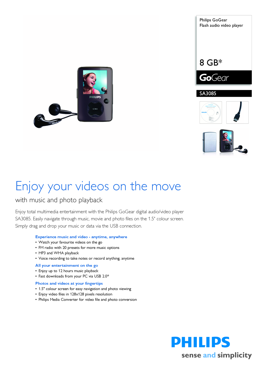 Philips SA3085 manual Enjoy your videos on the move, 8 GB, with music and photo playback 