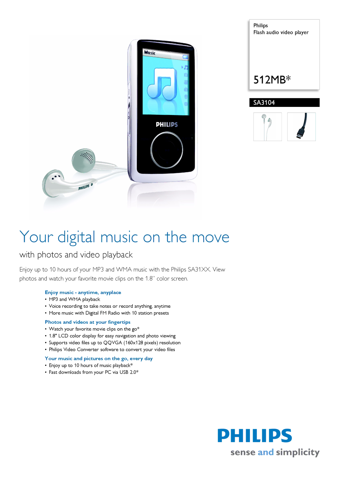 Philips SA3104/02 manual Enjoy music anytime, anyplace, Photos and videos at your fingertips 