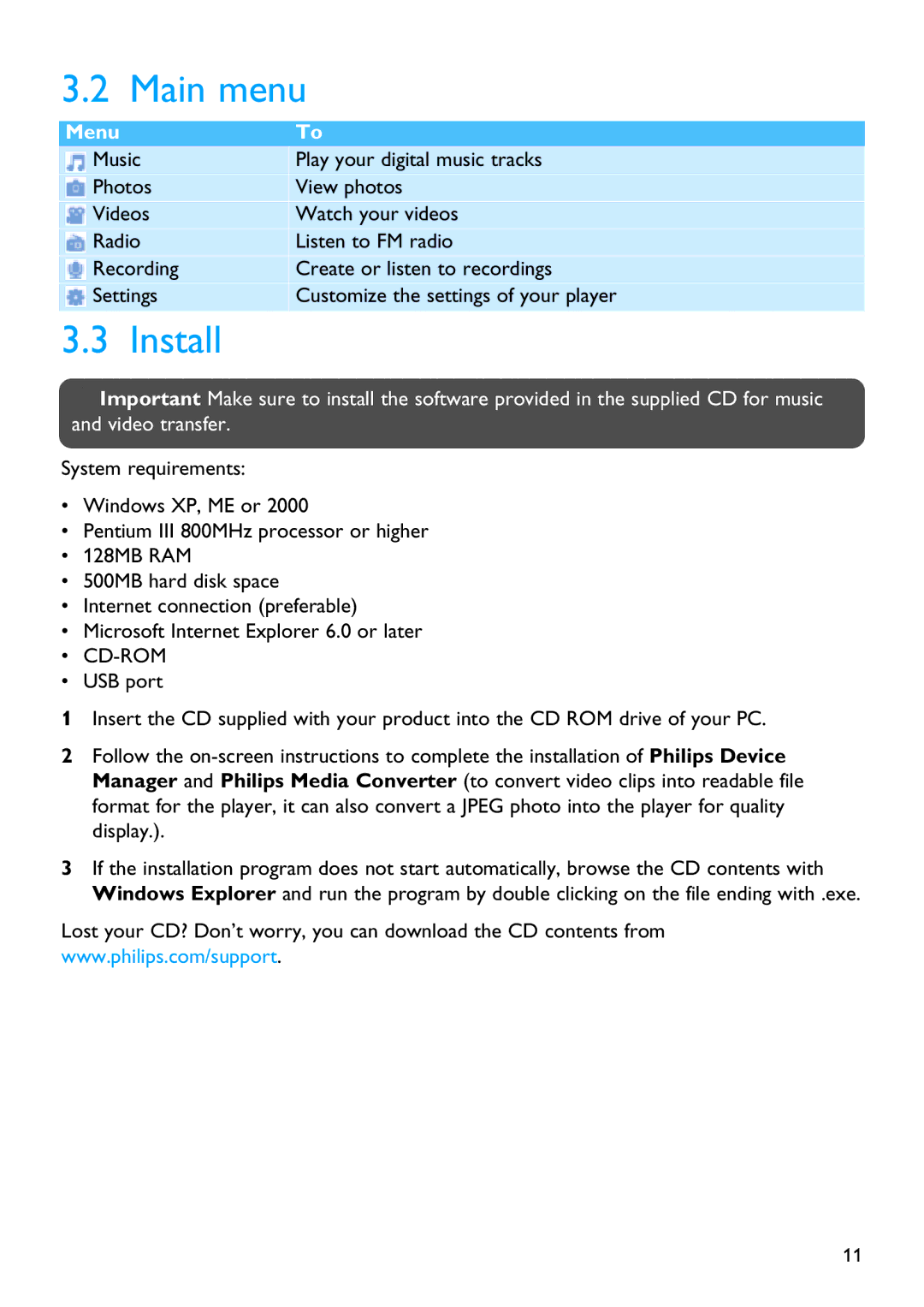 Philips SA3114, SA3115, SA3125, SA3124, SA3104, SA3105 manual Main menu, Install 