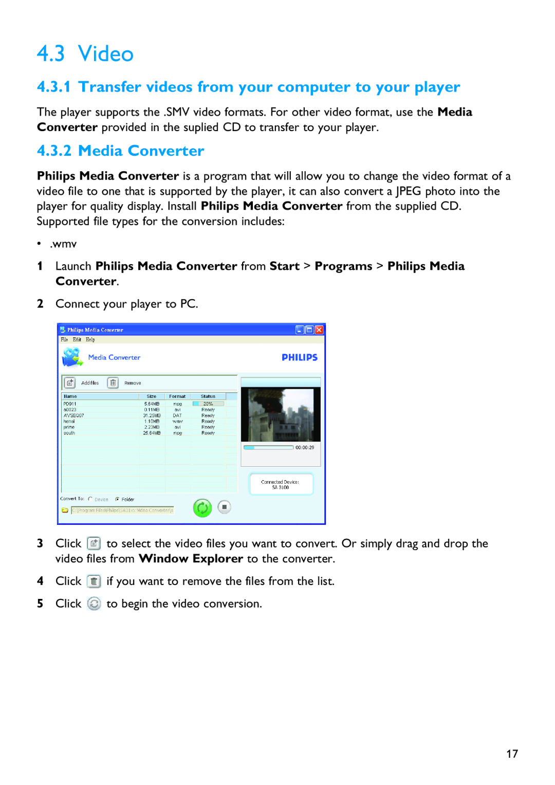 Philips SA3114, SA3115, SA3125, SA3124, SA3104 manual Video, Transfer videos from your computer to your player, Media Converter 