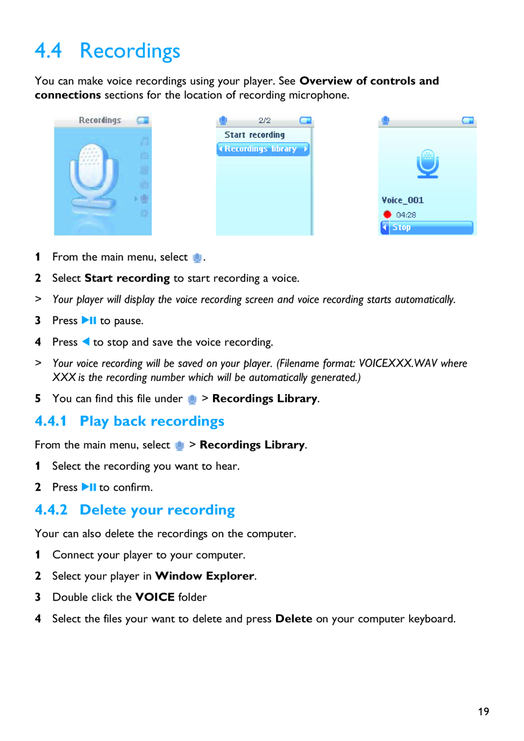 Philips SA3125, SA3115, SA3124, SA3104, SA3105, SA3114 manual Recordings, Play back recordings, Delete your recording 