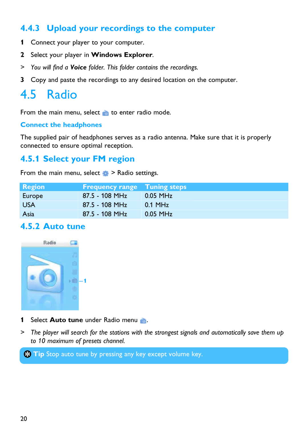 Philips SA3124 Radio, Upload your recordings to the computer, Select your FM region, Auto tune, Connect the headphones 