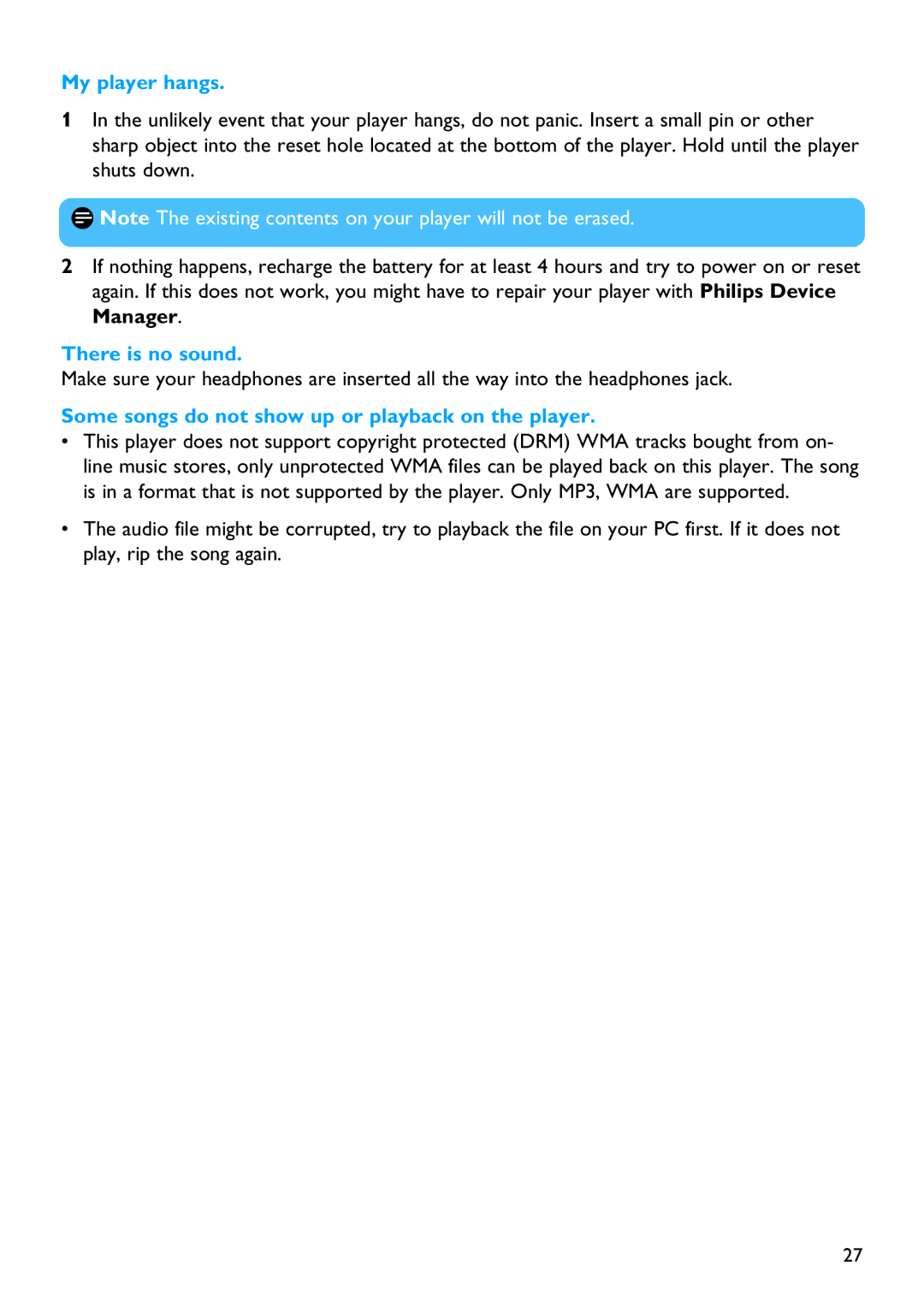 Philips SA3104, SA3115, SA3125 manual My player hangs, There is no sound, Some songs do not show up or playback on the player 