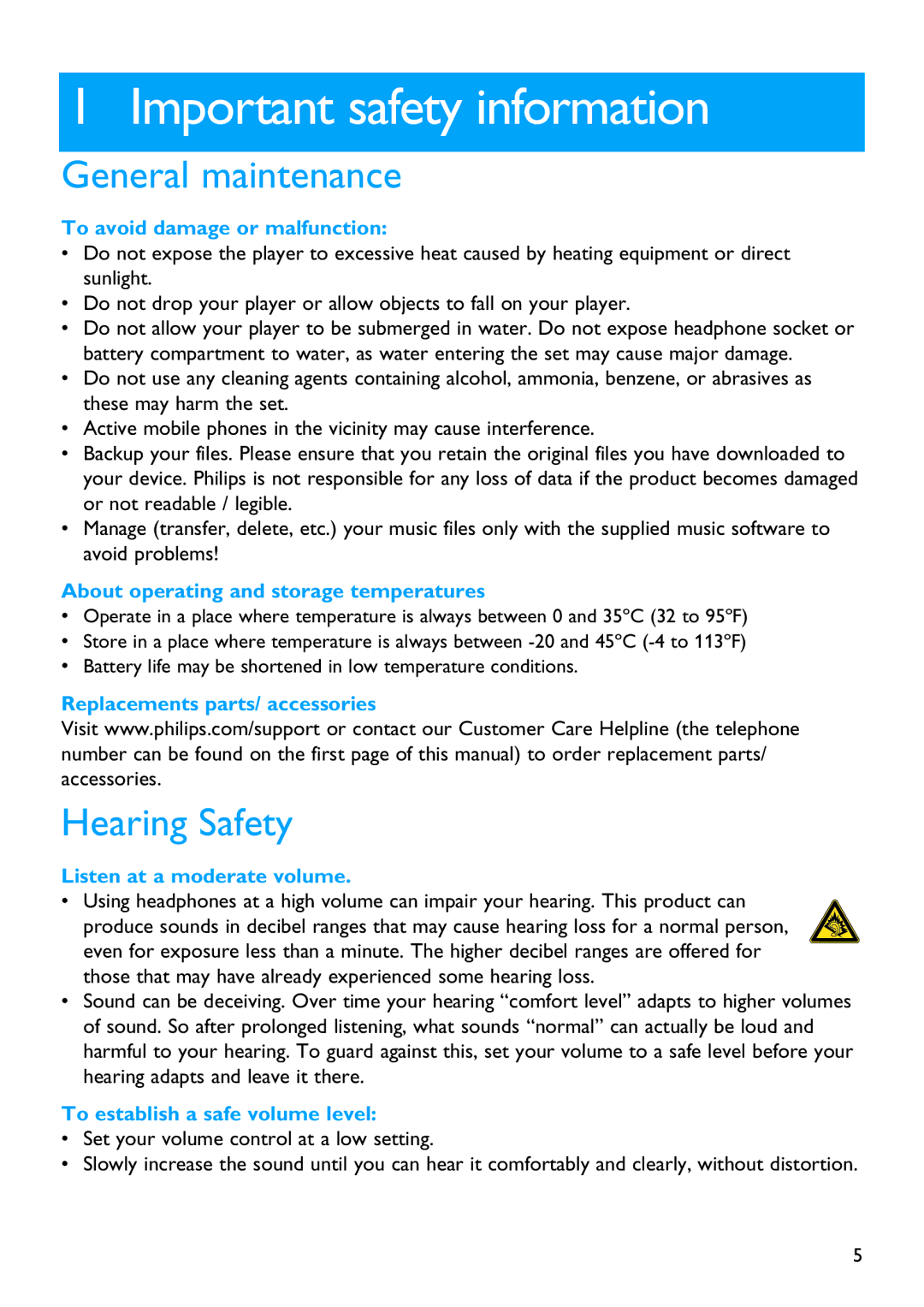 Philips SA3114, SA3115, SA3125, SA3124, SA3104, SA3105 manual Important safety information, General maintenance, Hearing Safety 