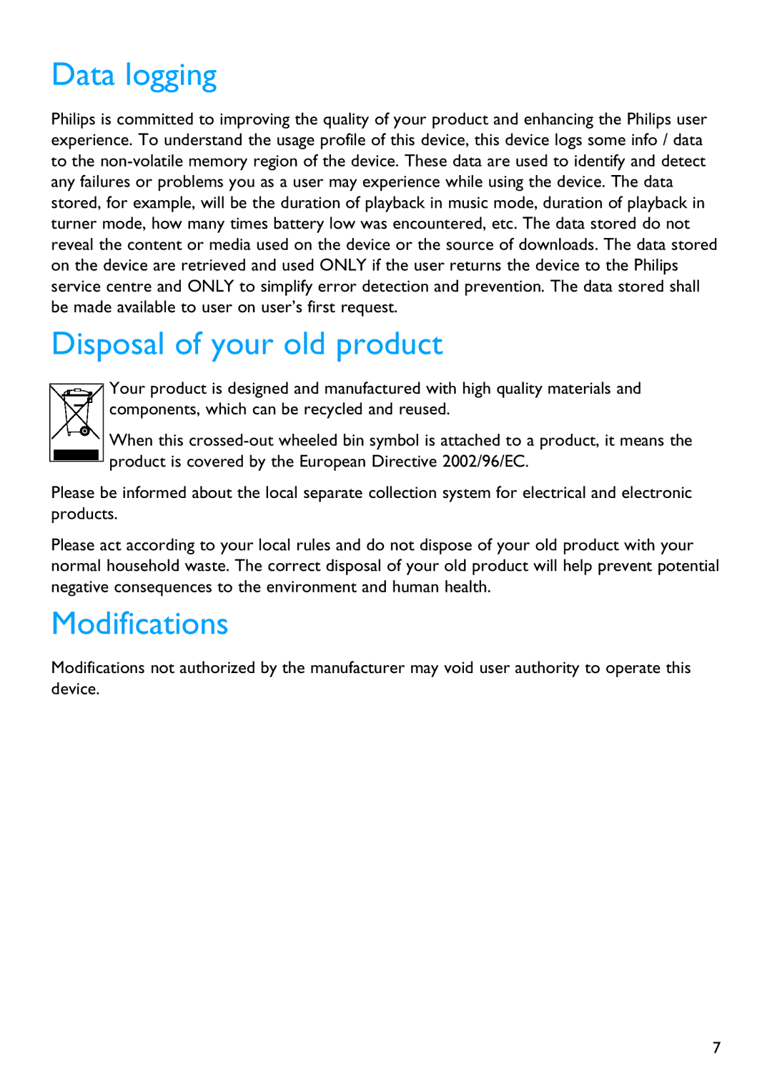 Philips SA3125, SA3115, SA3124, SA3104, SA3105, SA3114 manual Data logging, Disposal of your old product, Modifications 