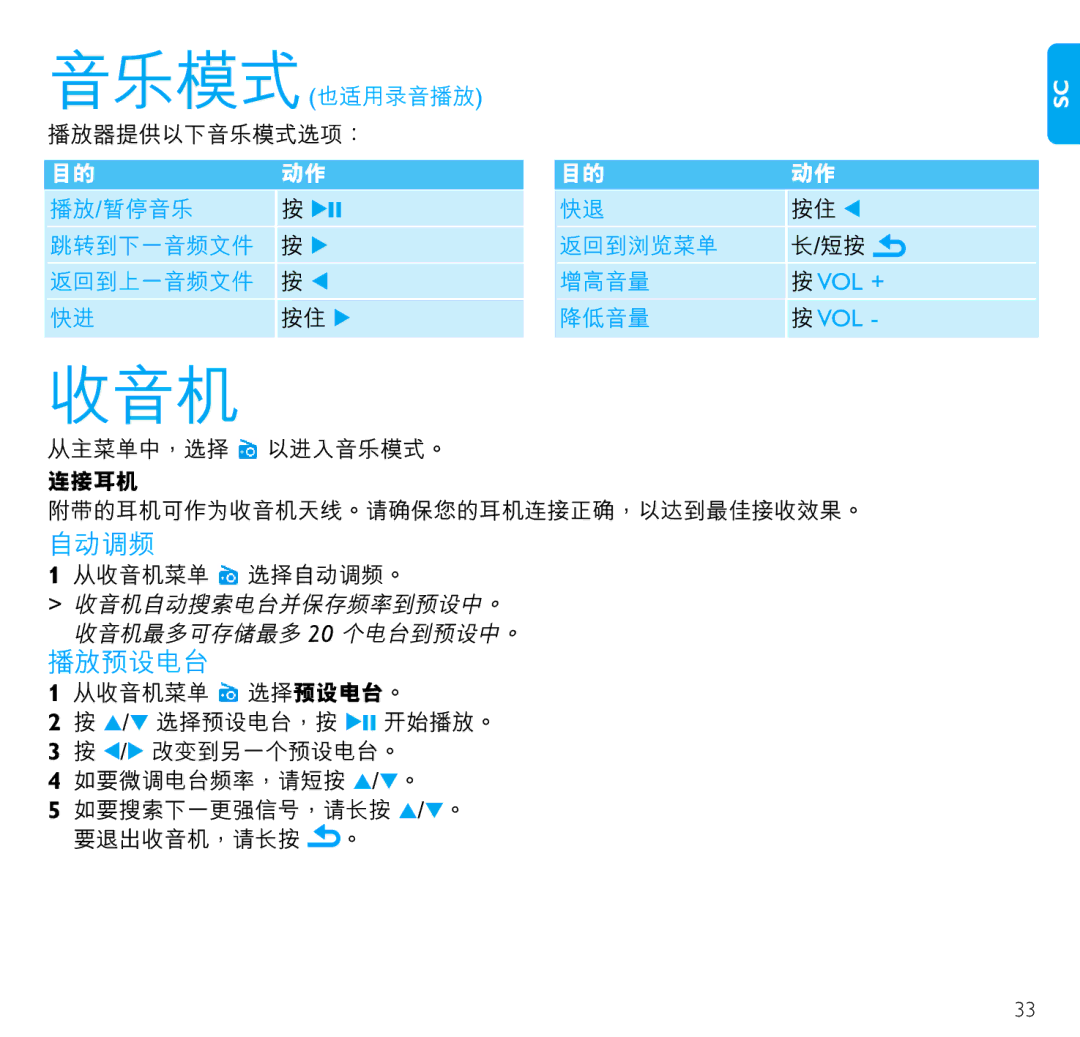 Philips SA3114, SA3115, SA3125, SA3124, SA3104, SA3105 manual 收音機, 播放預設電臺 