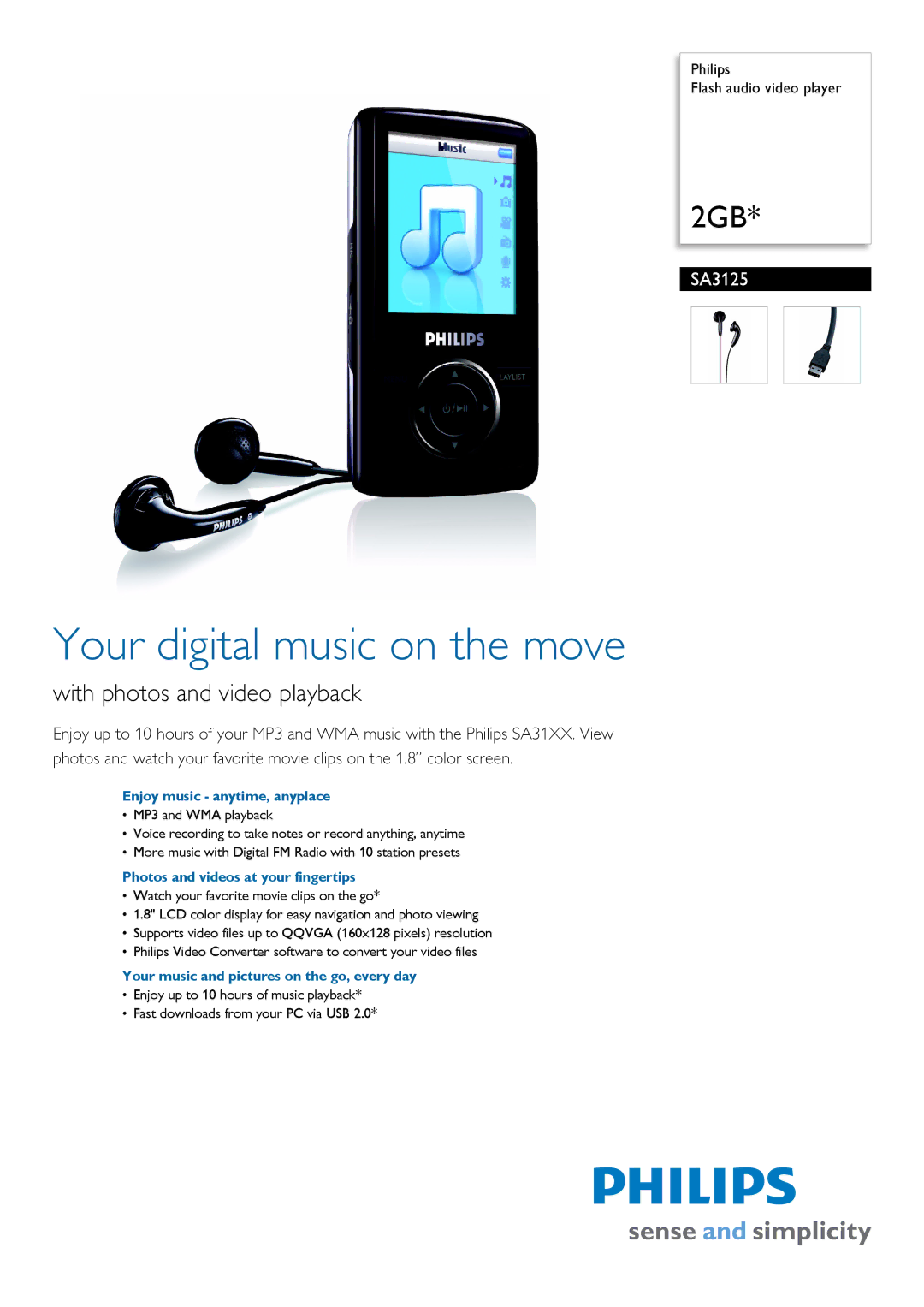 Philips SA3125/97 manual Enjoy music anytime, anyplace, Photos and videos at your fingertips 