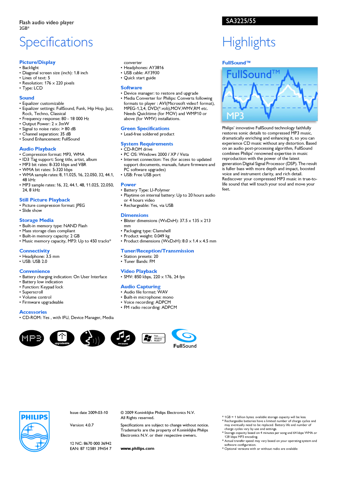 Philips SA3225/55 manual Picture/Display, Sound, Audio Playback, Still Picture Playback, Storage Media, Software, Power 