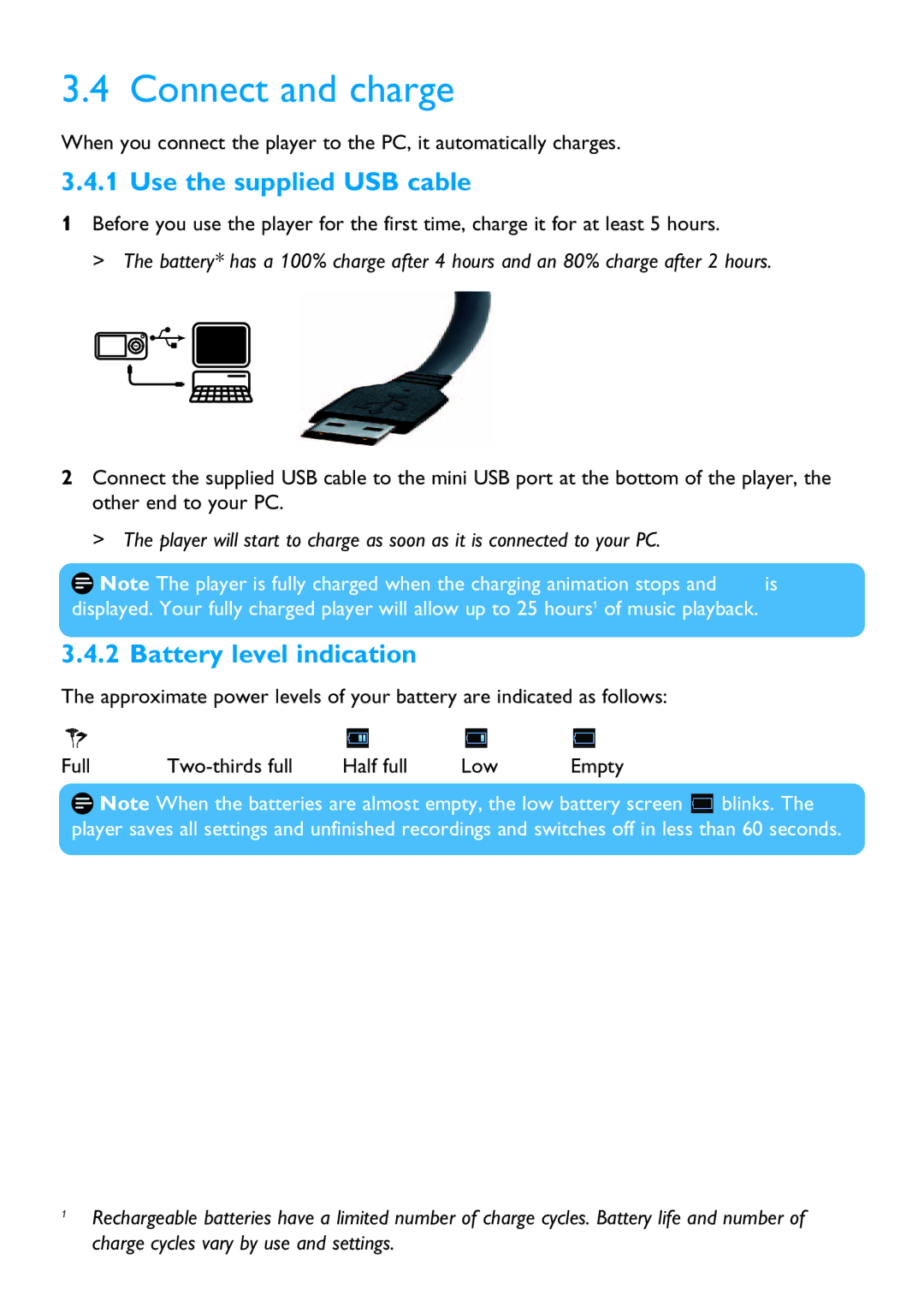 Philips SA3245, SA3265 manual Connect and charge, Use the supplied USB cable, Battery level indication 