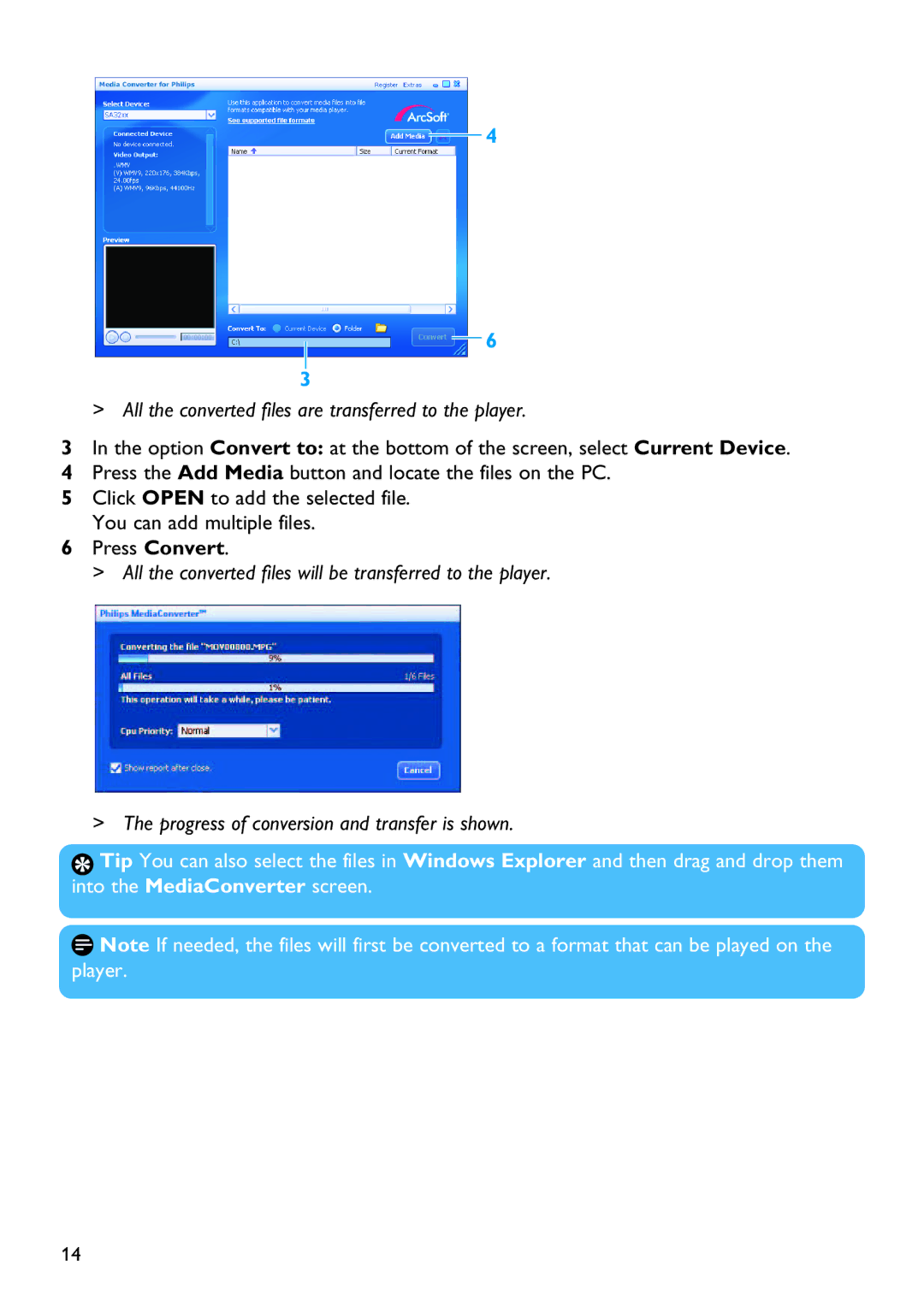 Philips SA3245, SA3265 manual All the converted files are transferred to the player 