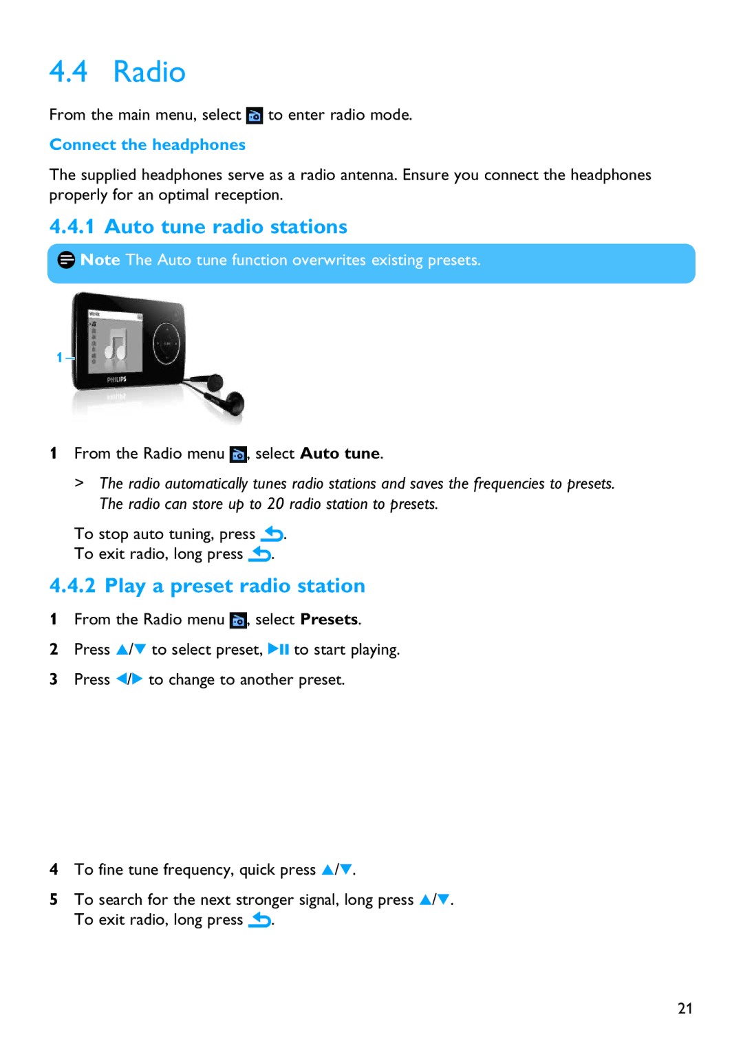 Philips SA3265, SA3245 manual Radio, Auto tune radio stations, Play a preset radio station, Connect the headphones 
