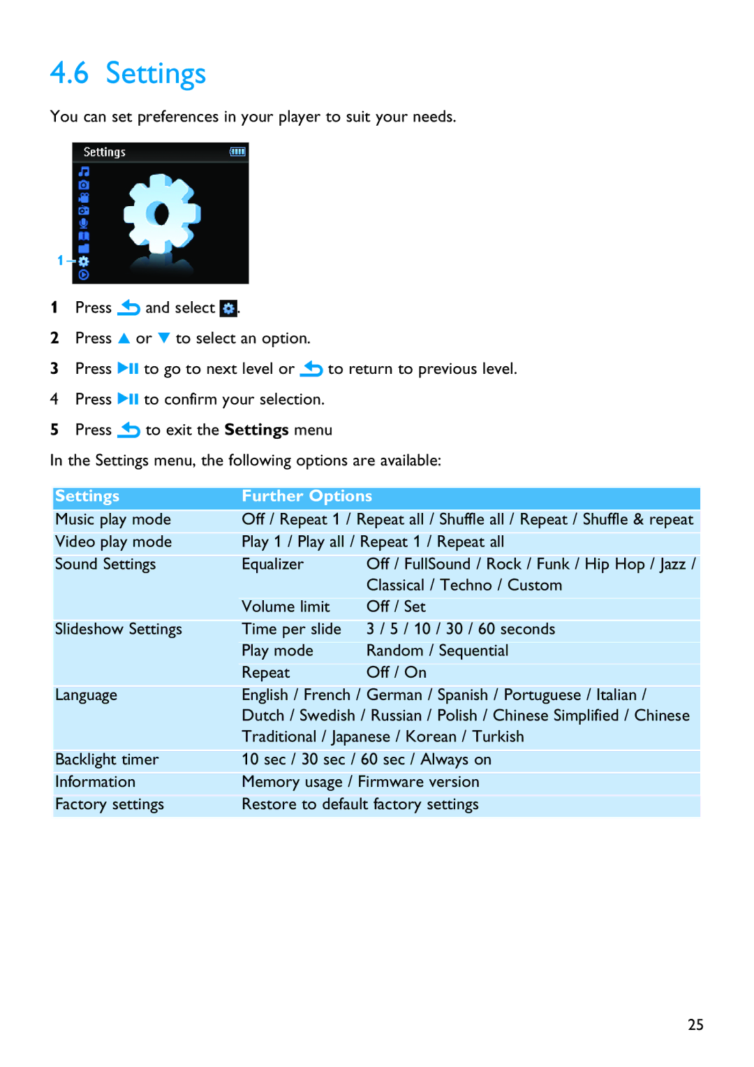 Philips SA3265, SA3245 manual Settings Further Options 