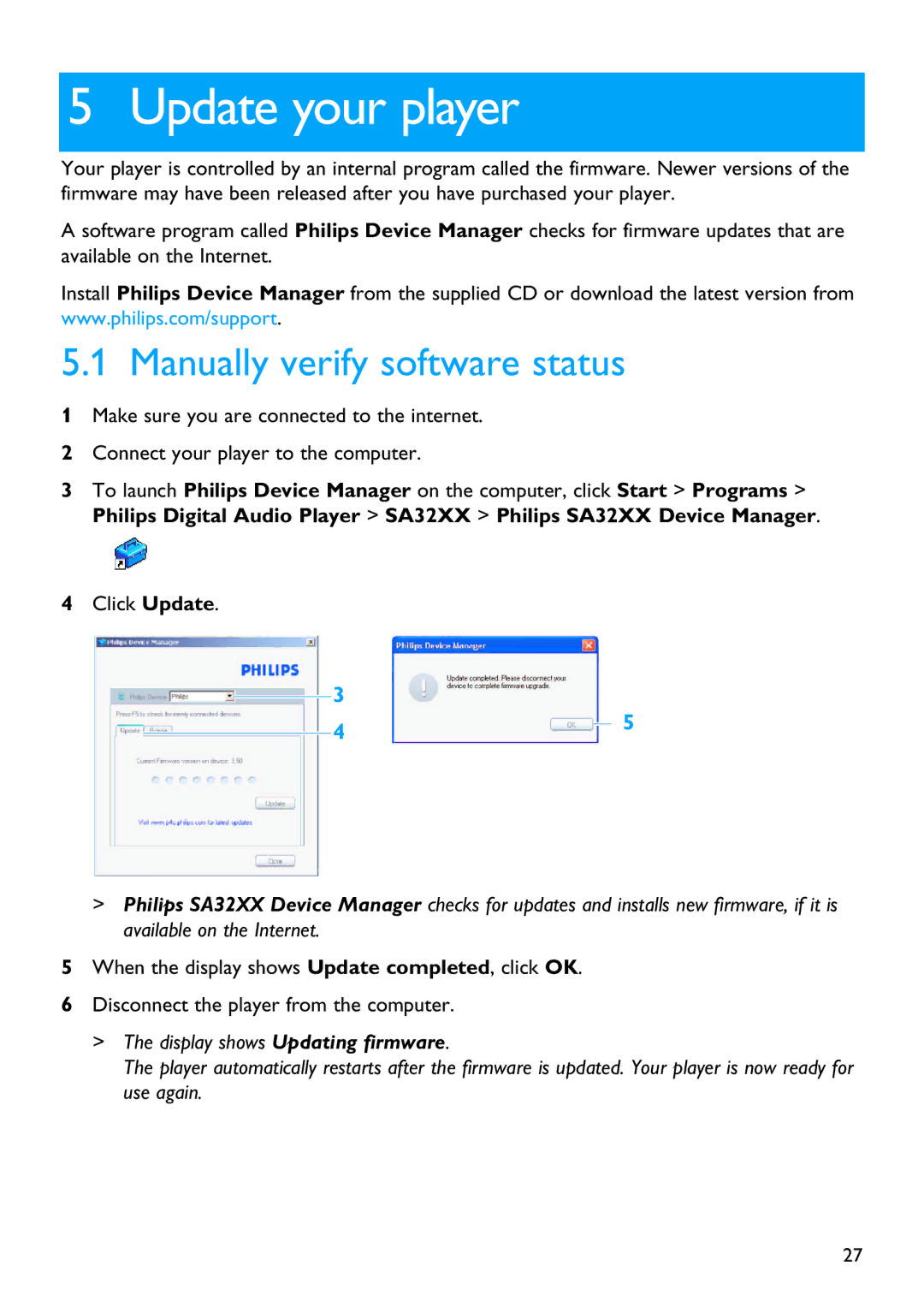 Philips SA3265, SA3245 manual Update your player, Manually verify software status 