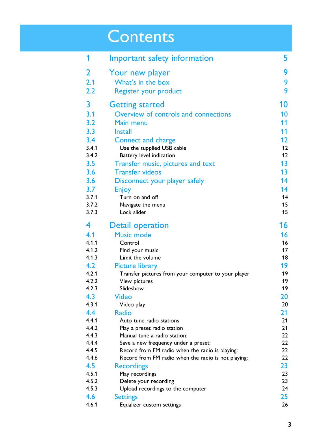 Philips SA3265, SA3245 manual Contents 