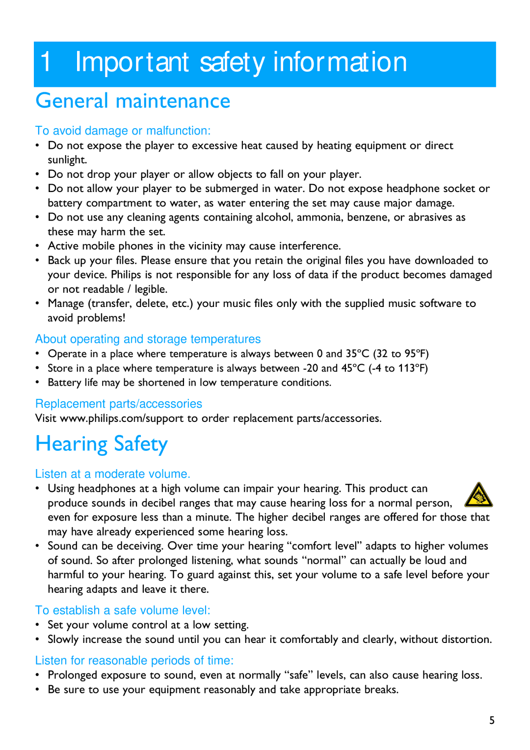 Philips SA3265, SA3245 manual Important safety information, General maintenance, Hearing Safety 