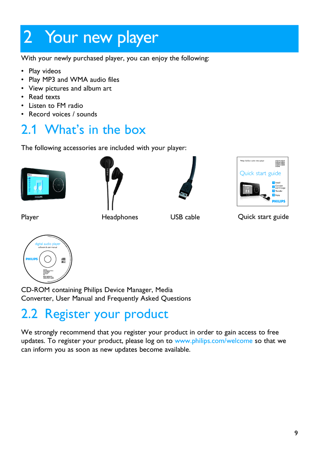 Philips SA3265, SA3245 manual Your new player, What’s in the box, Register your product 