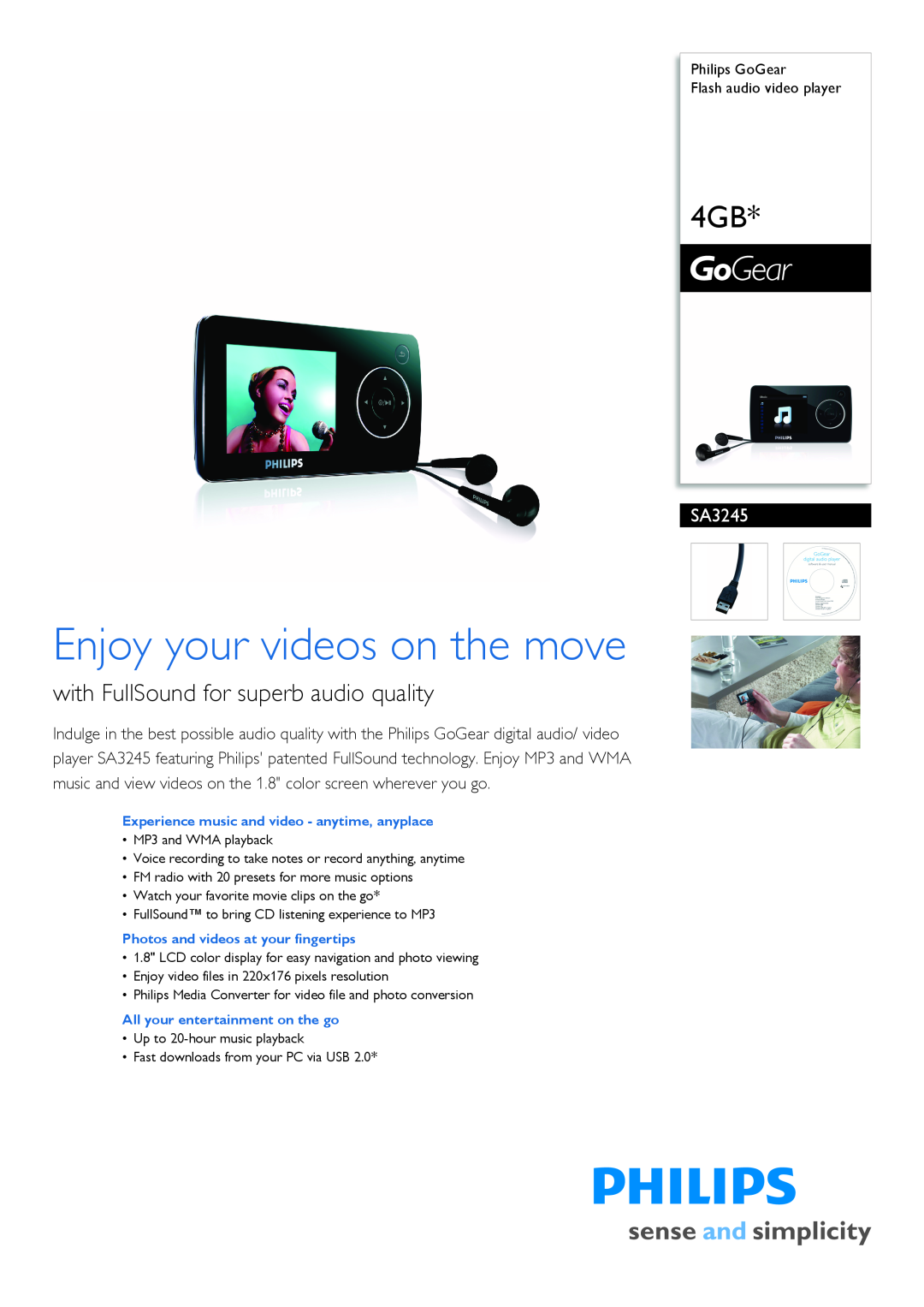 Philips SA3245/02 manual Philips GoGear Flash audio video player, Enjoy your videos on the move 