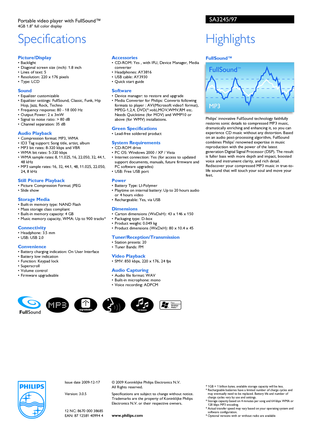 Philips SA3245/97 manual Specifications, Highlights 