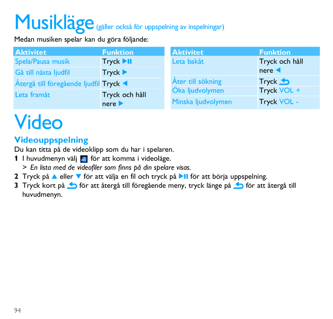 Philips SA3215, SA3246, SA3244, SA3224, SA3225, SA3226, SA3216 Videouppspelning, Medan musiken spelar kan du göra följande 