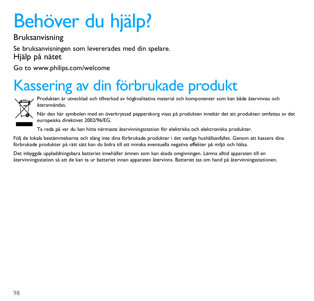 Philips SA3246, SA3244, SA3224, SA3225, SA3215, SA3226 Behöver du hjälp?, Se bruksanvisningen som levererades med din spelare 