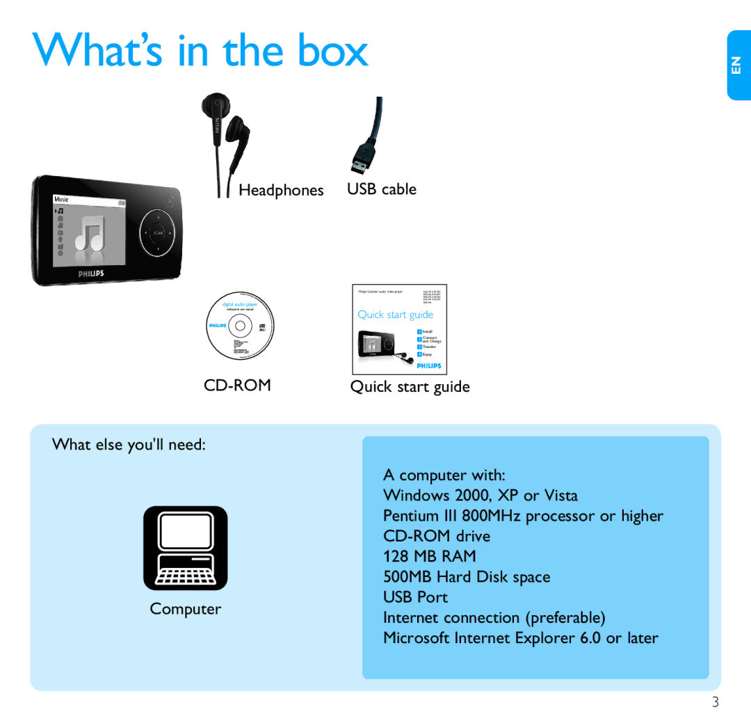 Philips SA3214, SA3246, SA3244, SA3224, SA3225, SA3215, SA3226, SA3216 quick start What’s in the box, Cd-Rom 
