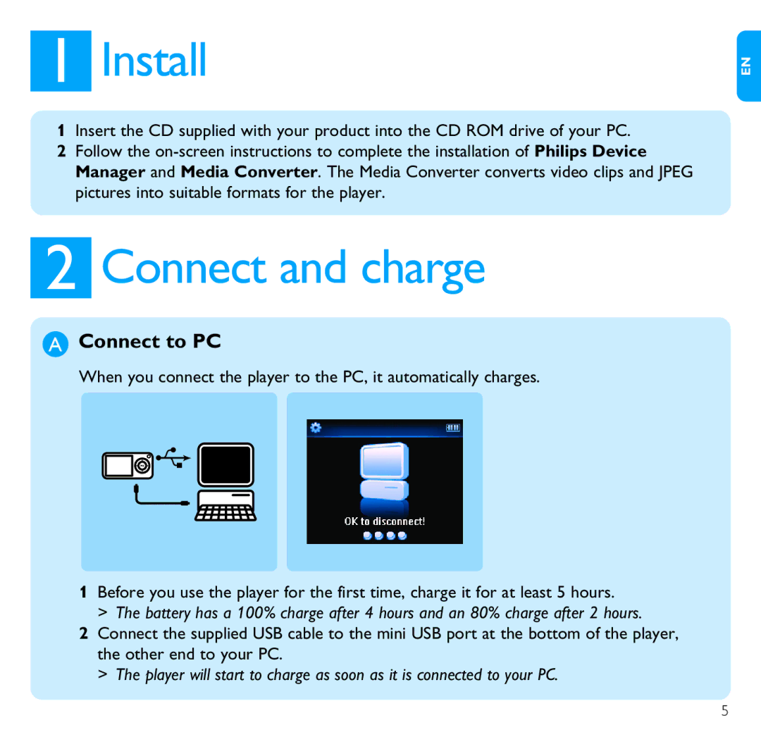 Philips SA3244, SA3246, SA3224, SA3225, SA3215, SA3226, SA3216, SA3214 quick start Install, Connect and charge, Connect to PC 