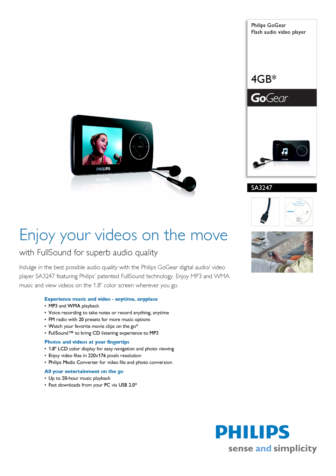 Philips SA3247 manual Experience music and video anytime, anyplace, Photos and videos at your fingertips 