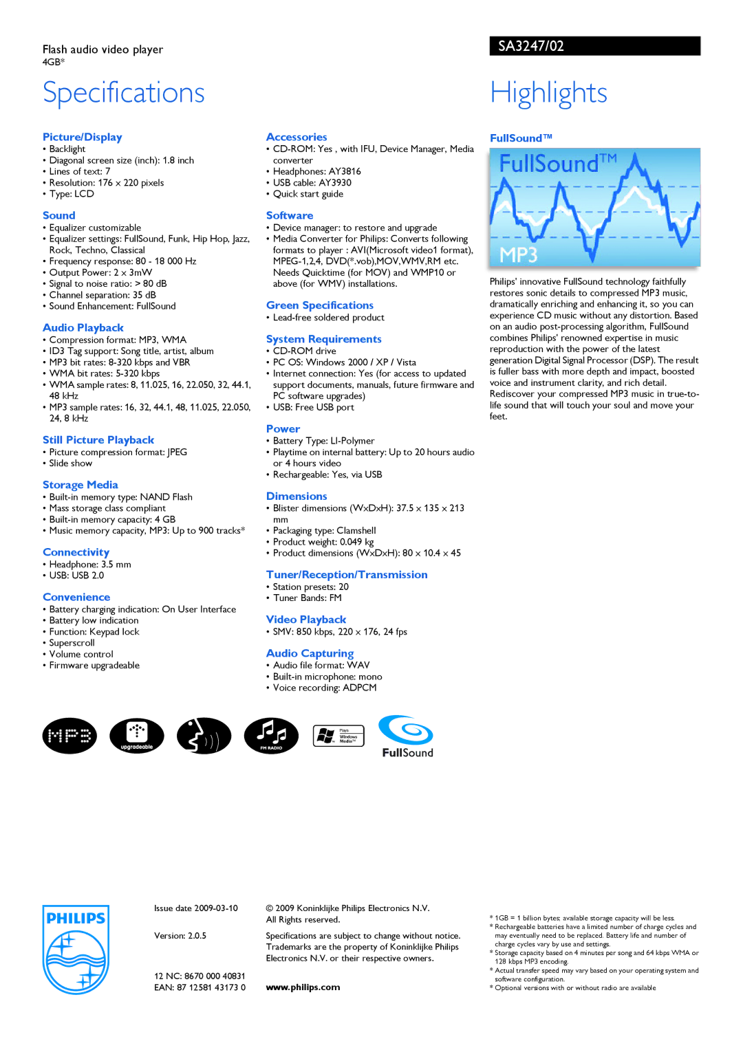 Philips SA3247 manual Specifications, Highlights 