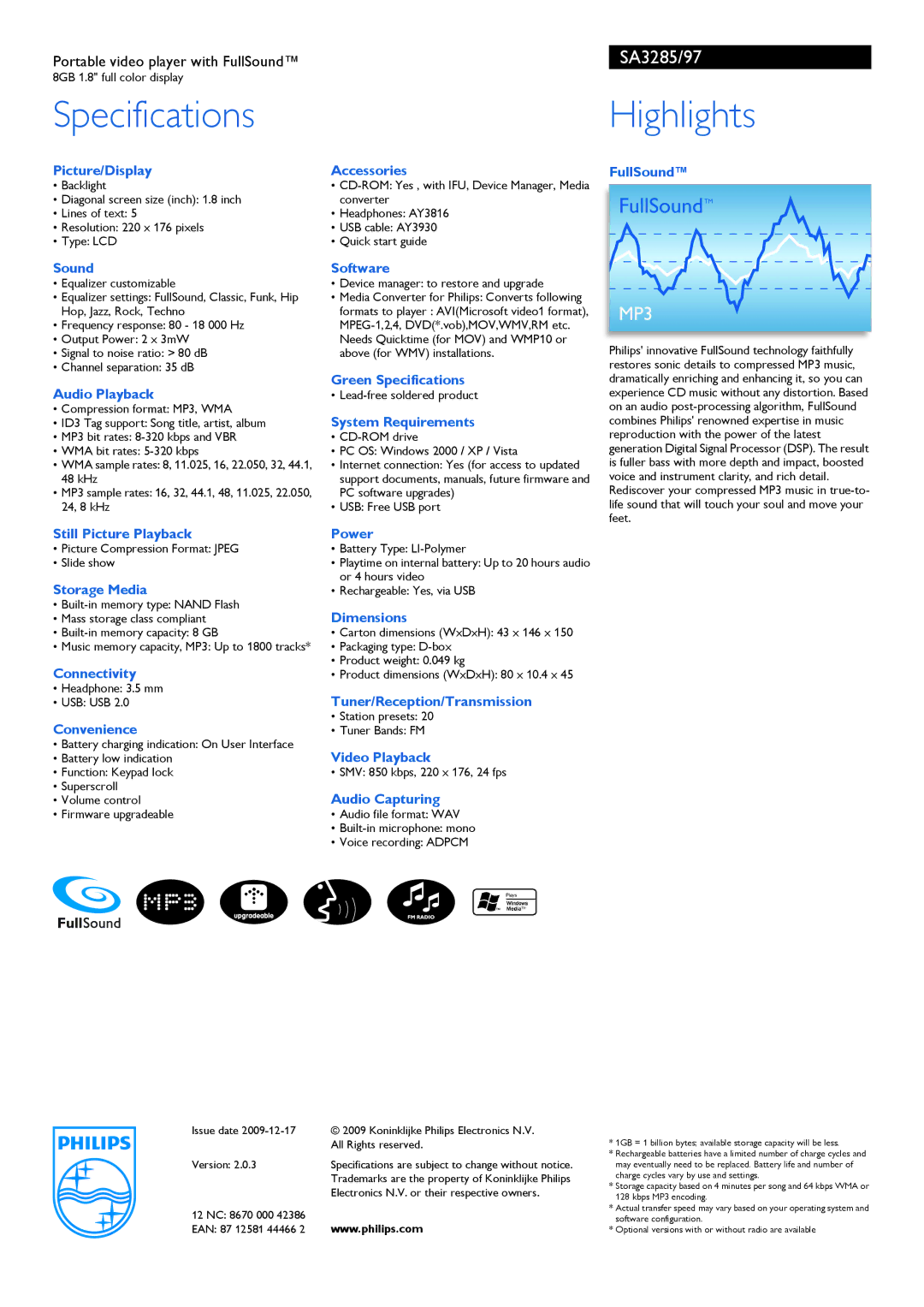 Philips SA3285/97 manual Specifications, Highlights 