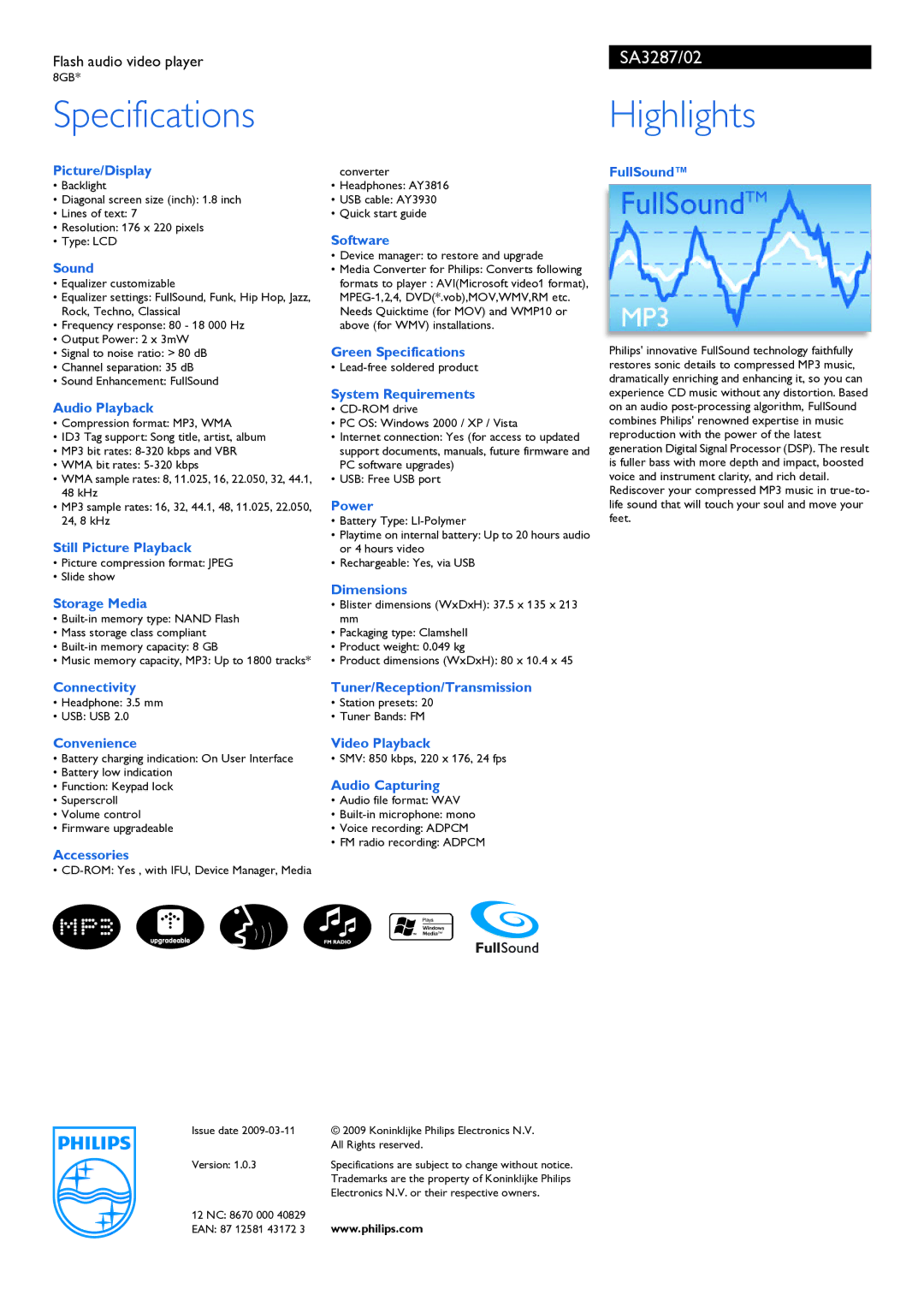 Philips SA3287 manual Specifications, Highlights 