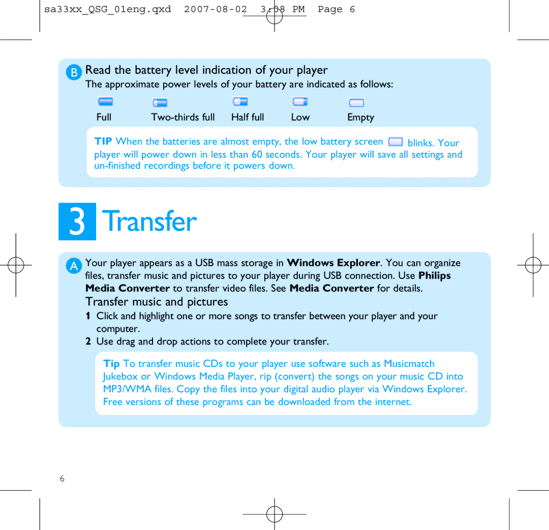 Philips SA3315 quick start Read the battery level indication of your player, Transfer music and pictures 