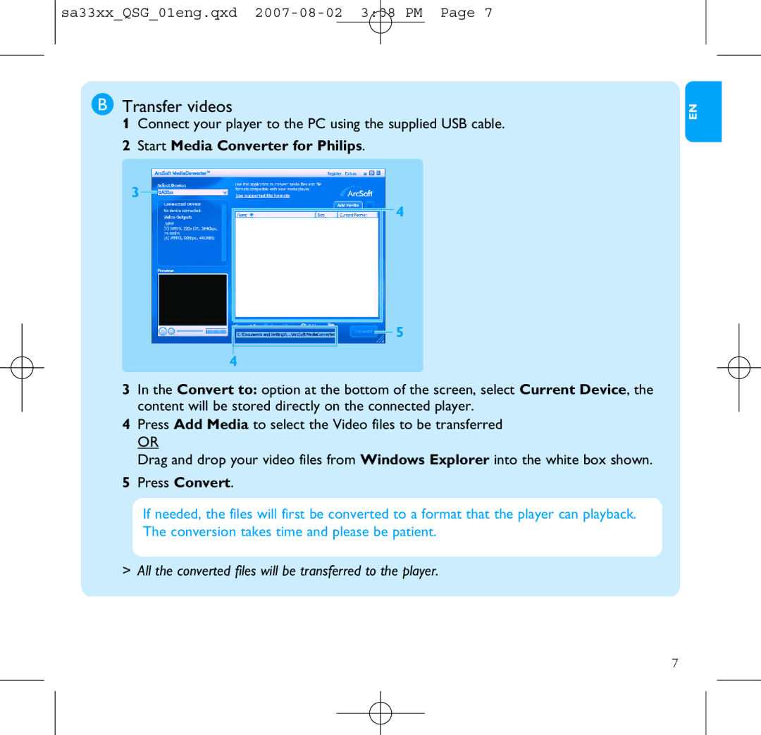 Philips SA3315 quick start Transfer videos, Start Media Converter for Philips 