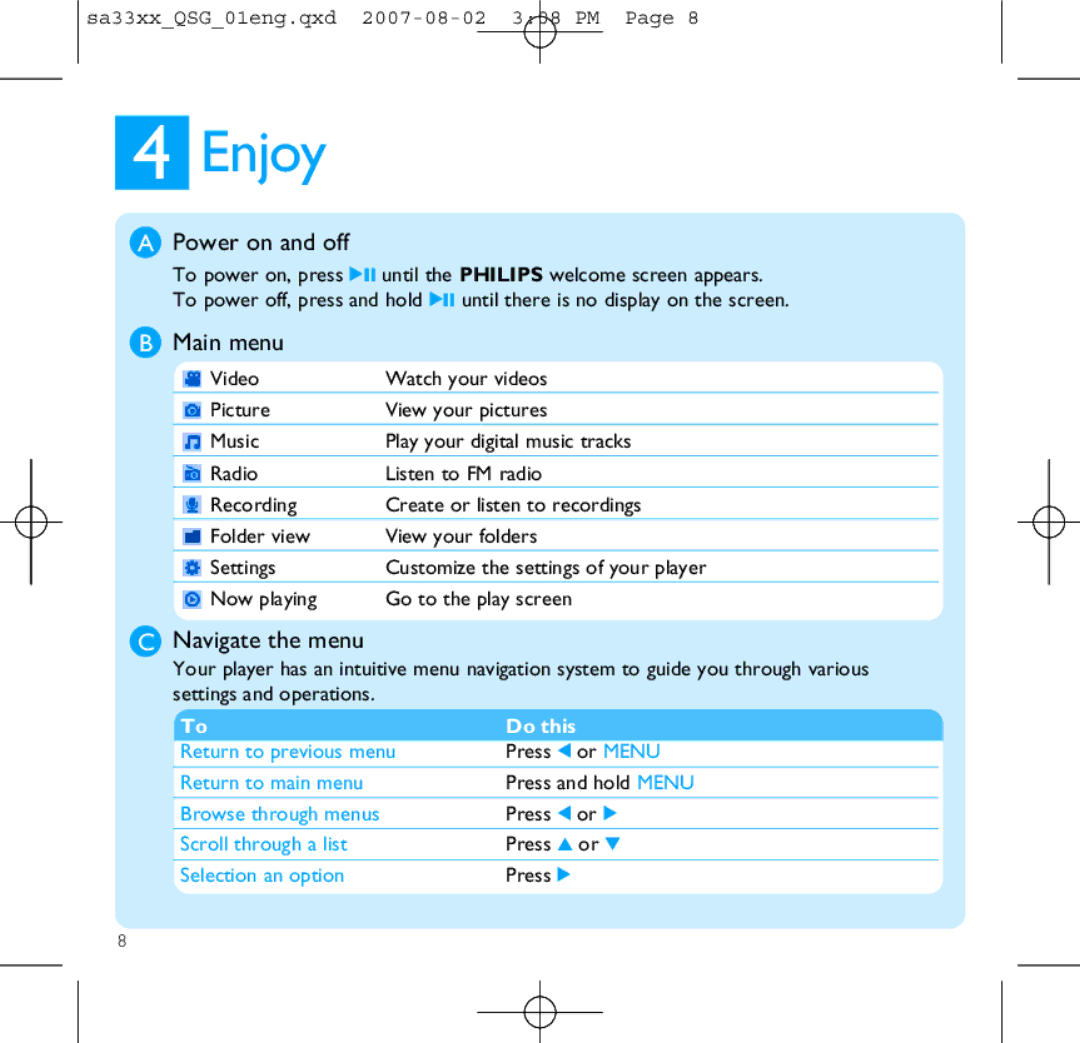 Philips SA3315 quick start Enjoy, Power on and off, Main menu, Navigate the menu 