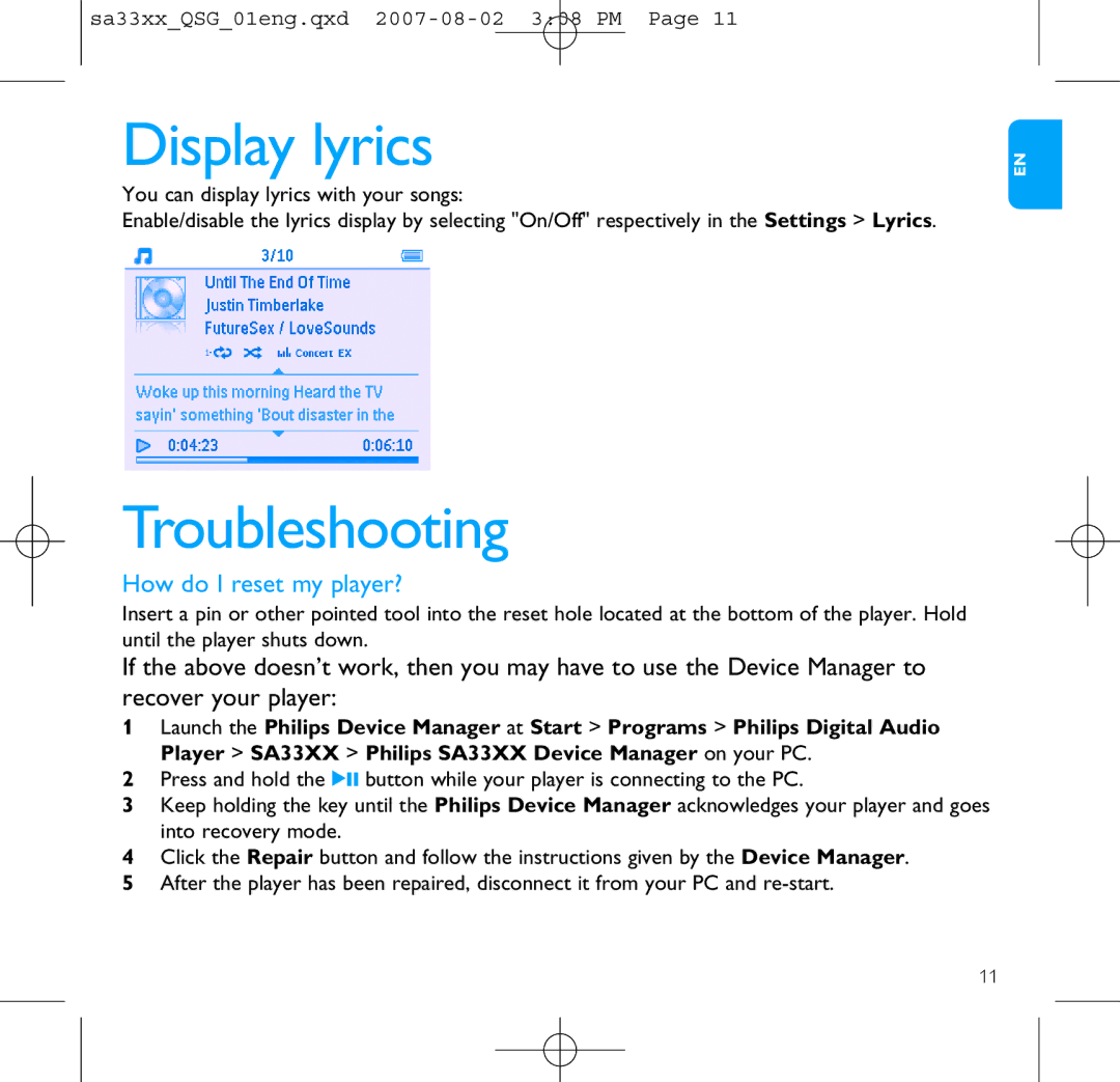 Philips SA3315 quick start Display lyrics, Troubleshooting 