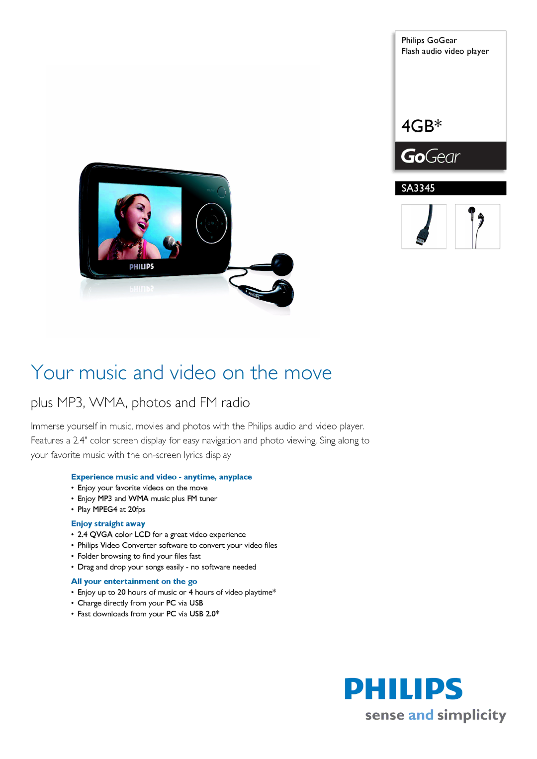 Philips SA3345/85 manual Experience music and video anytime, anyplace, Enjoy straight away 