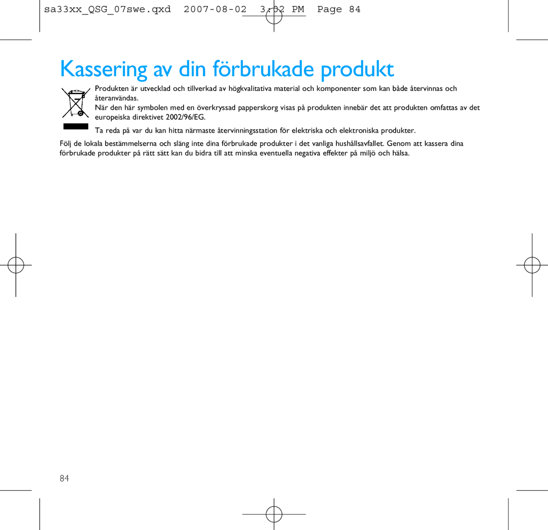 Philips SA3344, SA3385, SA3384, SA3345, SA3325, SA3324, SA3314, SA3315 manual Kassering av din förbrukade produkt 